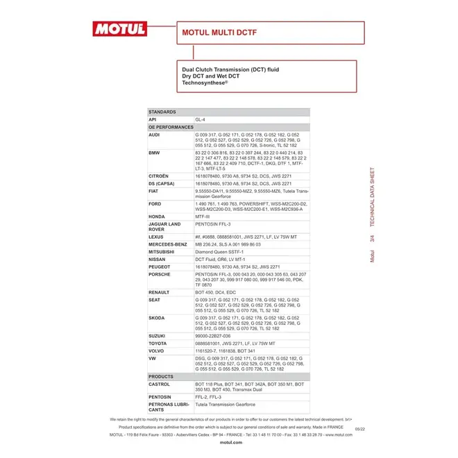 ÓLEO CÂMBIO DUPLA EMBREAGEM MOTUL MULTI DSG S-TRONIC DCTF 1L 105786