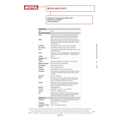 ÓLEO CÂMBIO DUPLA EMBREAGEM MOTUL MULTI DSG S-TRONIC DCTF 1L 105786