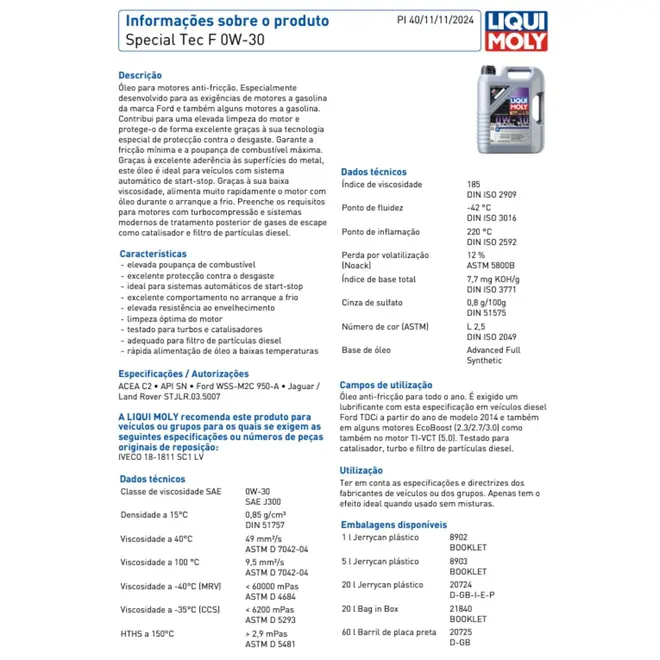 OLEO MOTOR LIQUI MOLY SPECIAL TEC F 0W30 ACEA C2 API SN 5L 8903