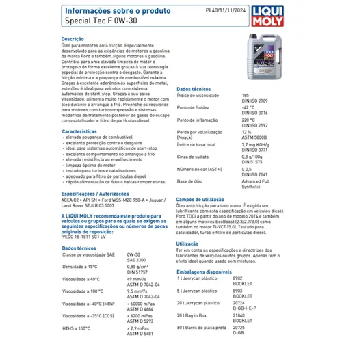 OLEO MOTOR LIQUI MOLY SPECIAL TEC F 0W30 ACEA C2 API SN 5L 8903