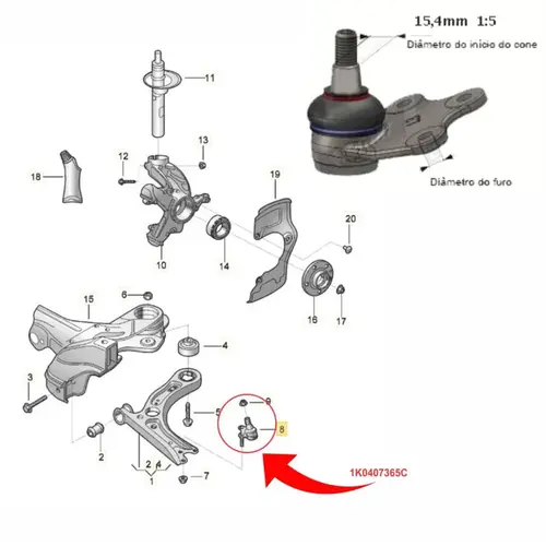 PIVO BANDEJA LADO ESQUERDO AUDI/VW 1.0 12V/1.6 8V/ 1.8 20V/ 1.4/2.0 16V/2.5 20V 1K0407365C