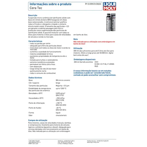 ADITIVO Ã“LEO MOTOR E CAMBIO LIQUI MOLY CERA TEC 300ML 3721/SKU3361
