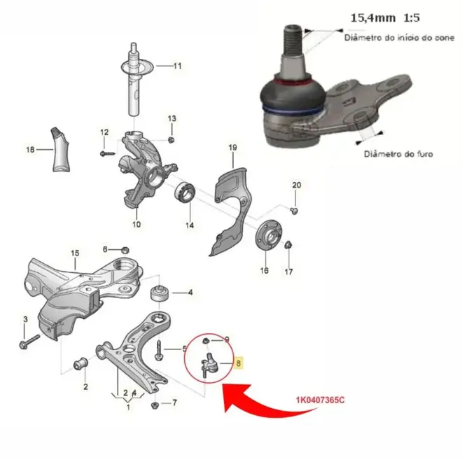 PIVO BANDEJA LADO ESQUERDO AUDI/VW 1.0 12V/1.6 8V/ 1.8 20V/ 1.4/2.0 16V/2.5 20V 1K0407365C