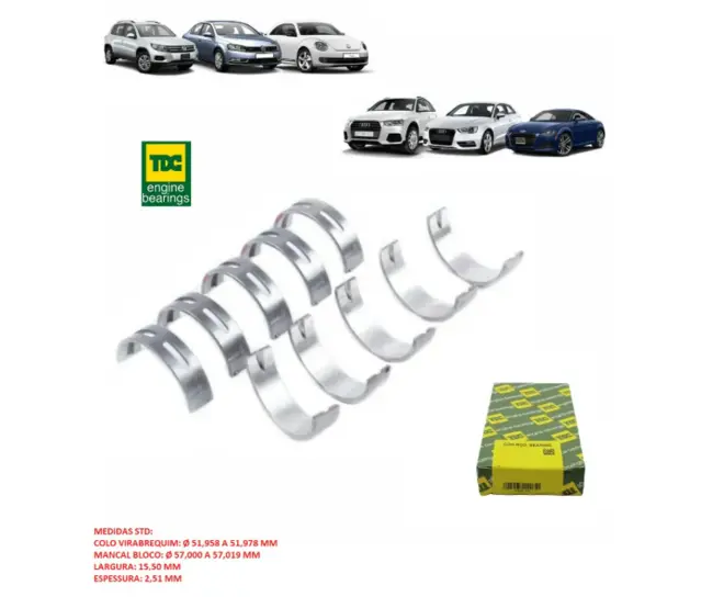 JOGO BRONZINA MANCAL 025 AUDI A3 A4 A5 A6 A7 TT Q3 Q5 Q7 VW GOLF JETTA TIGUAN PASSAT FUSCA CC 1.8 2.0 16V 2013 A 2019