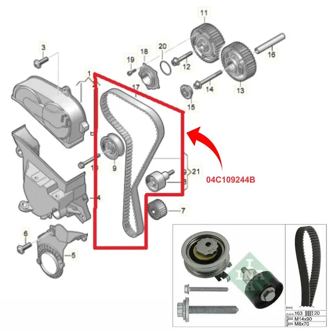 KIT CORREIA DENTADA AUDI/VW 1.0 12V/1.4 16V TFSI/TSI/ 1.6 16V MSI 2013 A 2022 163D 04C1092