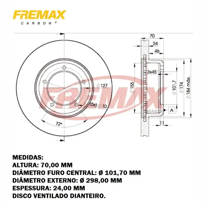 DISCO FREIO DIAN LAND ROVER DEFENDER 90/110/130 2.5 8V/2.4 16V PUMA 1989 A 2010 FTC902/SKU