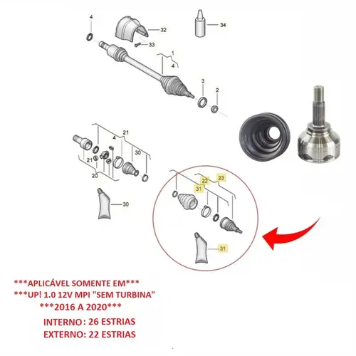 JUNTA HOMOCINÃ‰TICA DIANTEIRA RODA 22X26 DENTES VOLKSWAGEN UP! 1.0 12V MPI ASPIRADO 2016 A