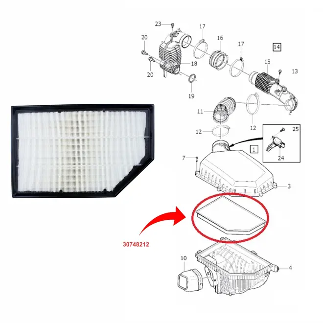 FILTRO AR VOLVO V60/S60/S80/XC60 1.6/2.0 16V/2.4 20V/4.4 32V V8 2007 A 2018 30748212/SKU17