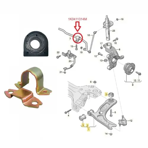 KIT BARRA ESTAB DIANT (24MM) ABRAÃ‡ADEIRA + BUCHA AUDI/VW 1.4/2.0 16V 2006 A 2018 1K041131