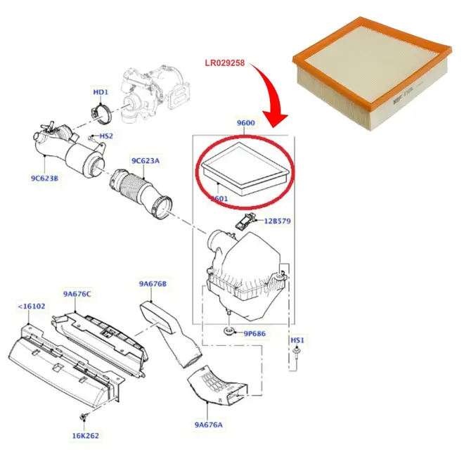 FILTRO AR LAND ROVER 2.0 16V 204DTD/ 2.0 16V PT204/ 3.0 24V 306PS 2018 A 2022 LR029258/SKU