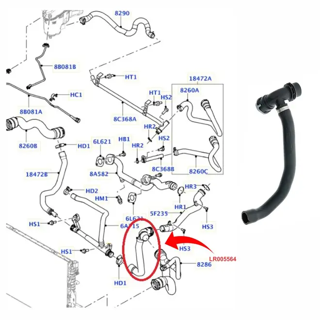 MANGUEIRA TUBO AGUA RADIADOR LAND ROVER/VOLVO 3.0/3.2 24V 2007 A 2015 LR005564/SKU1371