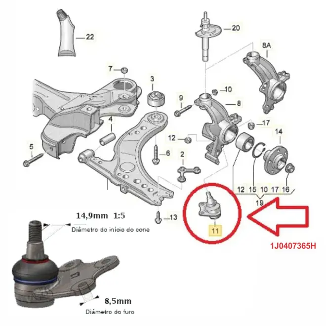 PIVO BANDEJA LADO ESQ AUDI A3/VW BORA/GOLF/NEWBEETLE 1.6 8V/2.0 8V/16V  97 A 14 1J0407365H