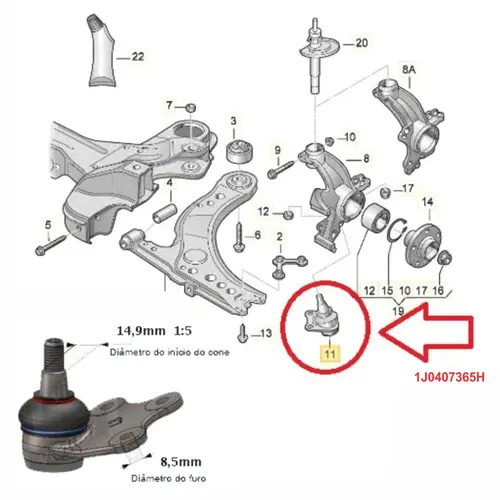 PIVO BANDEJA LADO ESQ AUDI A3/VW BORA/GOLF/NEWBEETLE 1.6 8V/2.0 8V/16V  97 A 14 1J0407365H