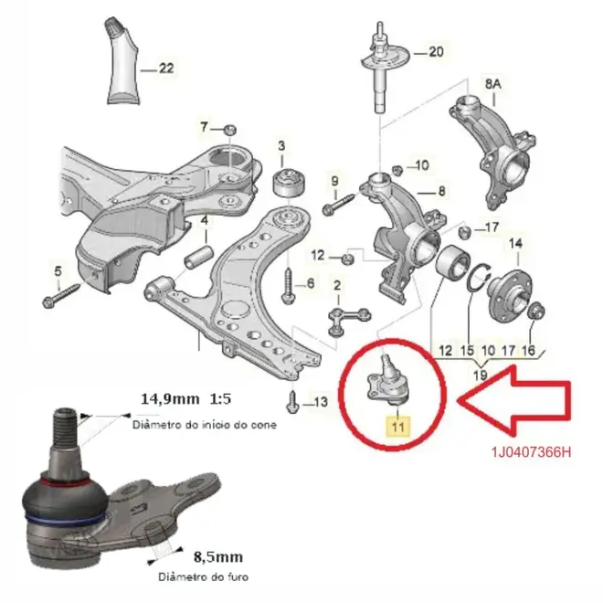 PIVO BANDEJA LADO DIR AUDI A3/VW BORA/GOLF/NEWBEETLE 1.6 8V/2.0 8V/16V 97 A 14 1J0407366H/