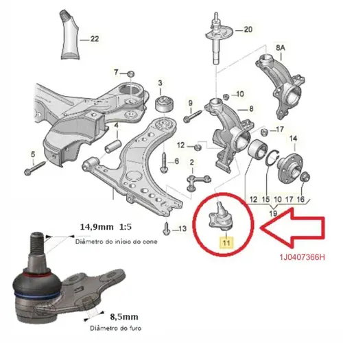 PIVO BANDEJA LADO DIR AUDI A3/VW BORA/GOLF/NEWBEETLE 1.6 8V/2.0 8V/16V 97 A 14 1J0407366H/