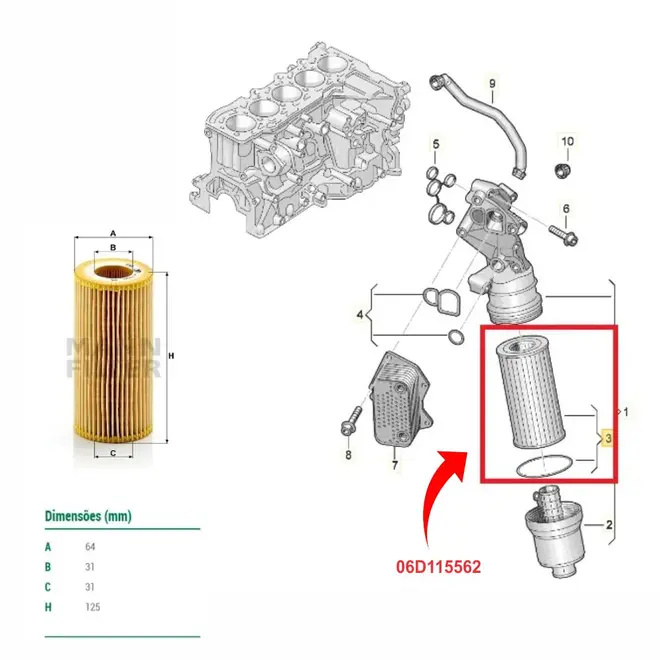 FILTRO Ã“LEO MOTOR AUDI A1/A3/A4/TT 2.0 16V TSI/2.5 20V/VW JETTA/PASSAT 2.0 16V TSI/2.5 20